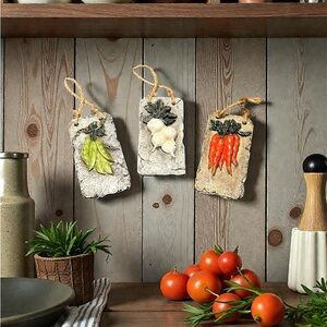 Vintage Clay Carrot Garlic Peas Hanging Ornament Set Rustic Farmhouse Kitchen